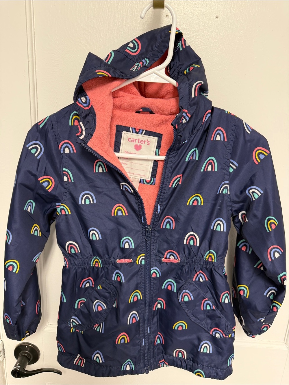 Carter's Navy Hooded Raincoat with Rainbow Print and Pink Lining